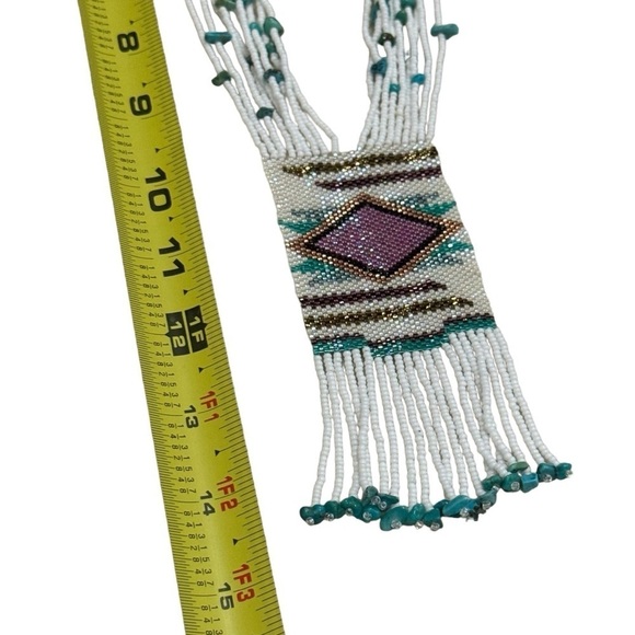 Native American White Turquoise and Purple Beaded Long Dangle Necklace - Picture 6 of 7